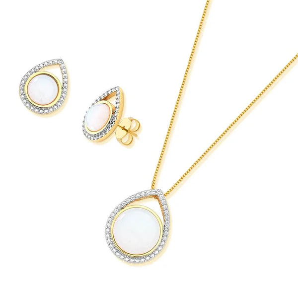Set Collana con Pendente Cabochon a forma Rotonda in Pietra Naturale e Orecchini 0033