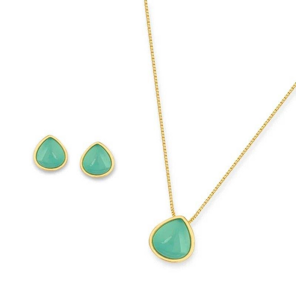 Set Collana con Pendente Cabochon a forma di Goccia in Pietra Naturale e Orecchini 0424