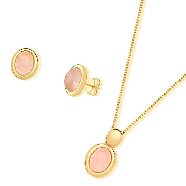 Set Collana con Pendente Cabochon a forma Ovale in Pietra Naturale e Orecchini 0867