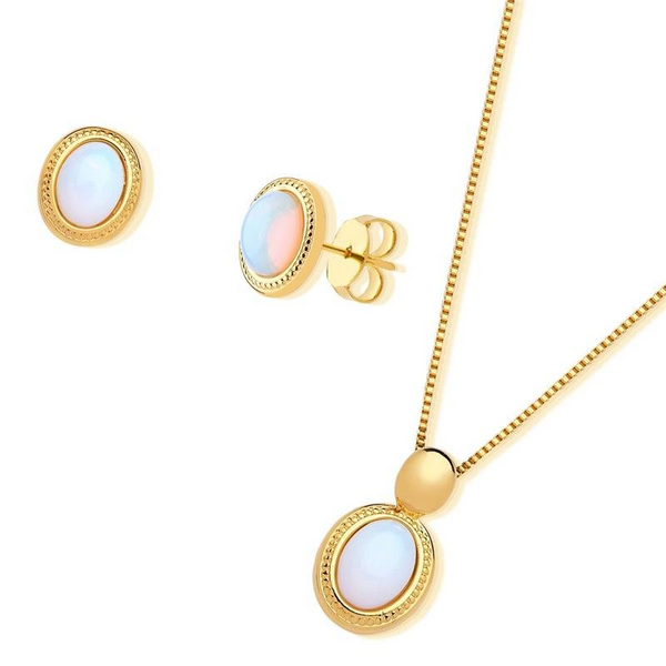 Set Collana con Pendente Cabochon a forma Ovale in Pietra Naturale e Orecchini 0868