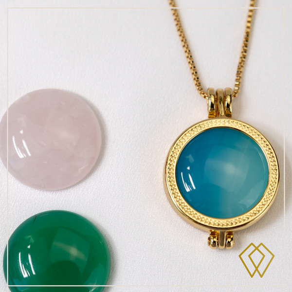 Set Intercambiabile Amore e Salute Collana con Pendente e 3 Pietre Naturali Agata Azzurro Celeste, Agata Verde e Quarzo Rosa