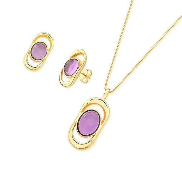 Set Collana con Pendente Cabochon a forma Ovale in PIetra Naturale e Orecchini 7031